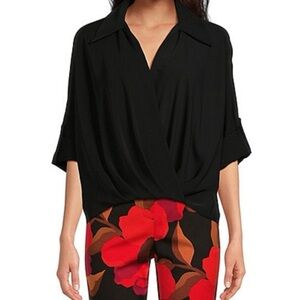 TRINA TURK Surplice V-Neck Oversized Top | XS | Black | Contemporary Office